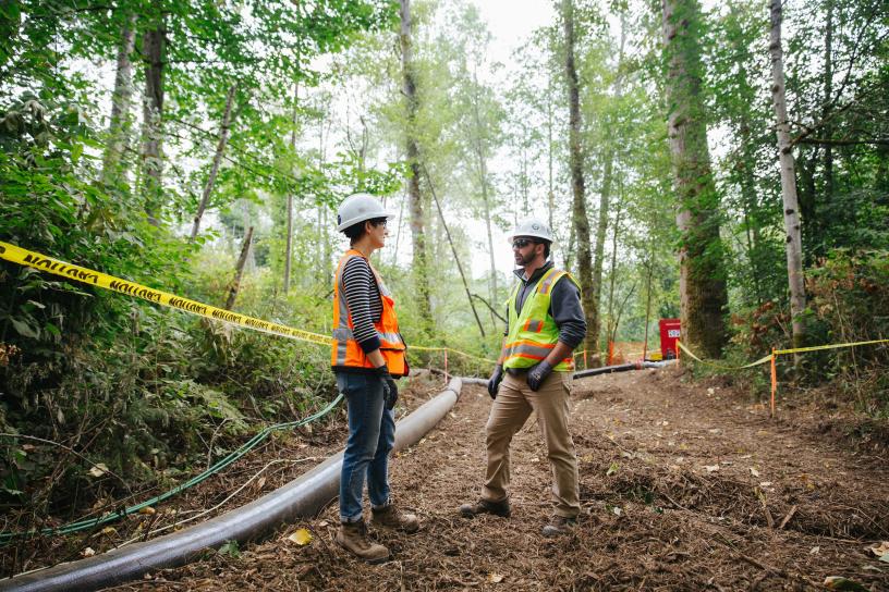 two people in a forested area conducting environmental mitigation work