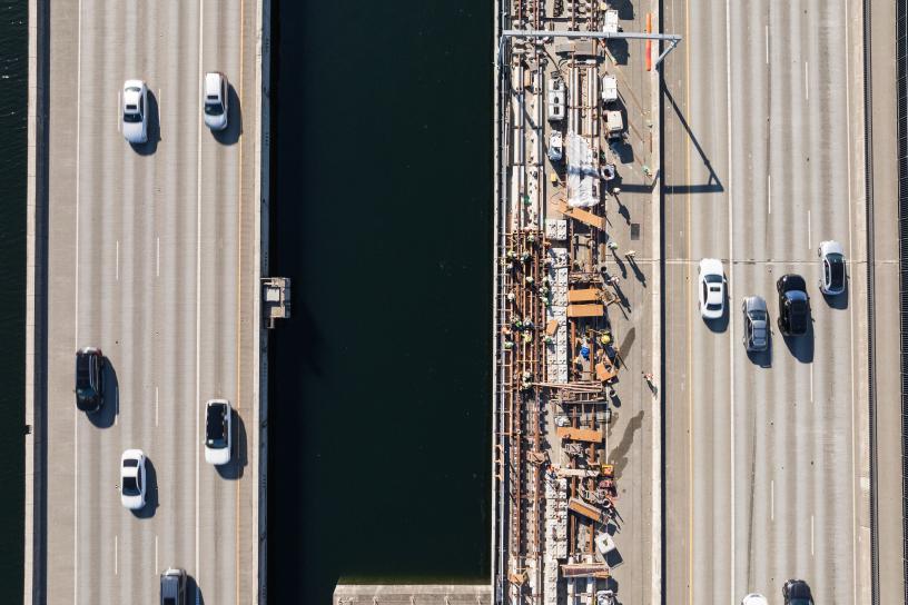 An aerial view of the construction on the I-90 floating bridge