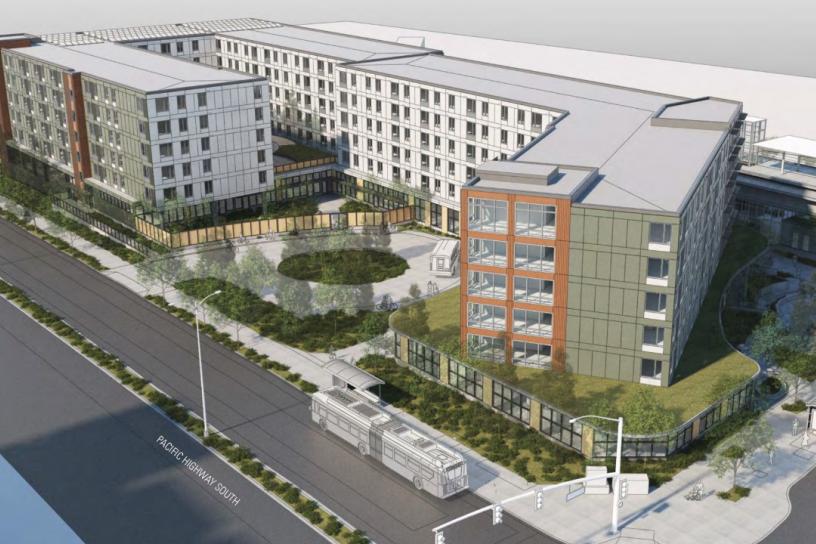 Convenient Link light rail and bus access are key to the project, as seen in aerial renderings from the southwest.