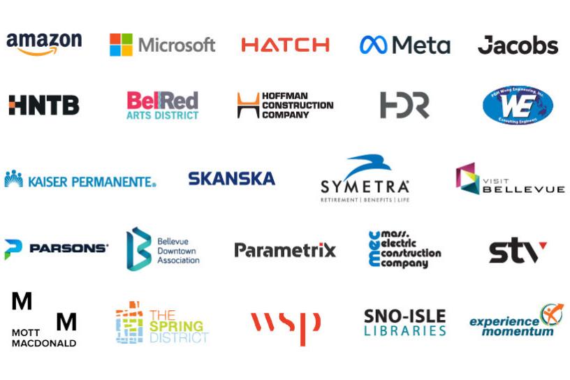 Logos of some Sound Transit partners. Including: Amazon, Microsoft, Hatch, Meta, Jacobs, HNTB, BelRed Arts District, Hoffman Construction Company, HDR, PGH Wong Engineering Inc., Kaiser Permanente, Skanska, Symetra, Visit Bellevue, Parsons, Bellevue Downtown Association, Parametrix, MEC, STV, Mott Macdonald, The Spring District, WSP, Sno-Isle Libraries, and Experience Momentum