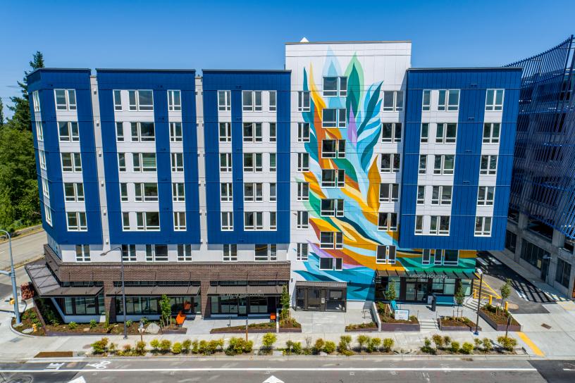 Apartment building with multi-colored mural