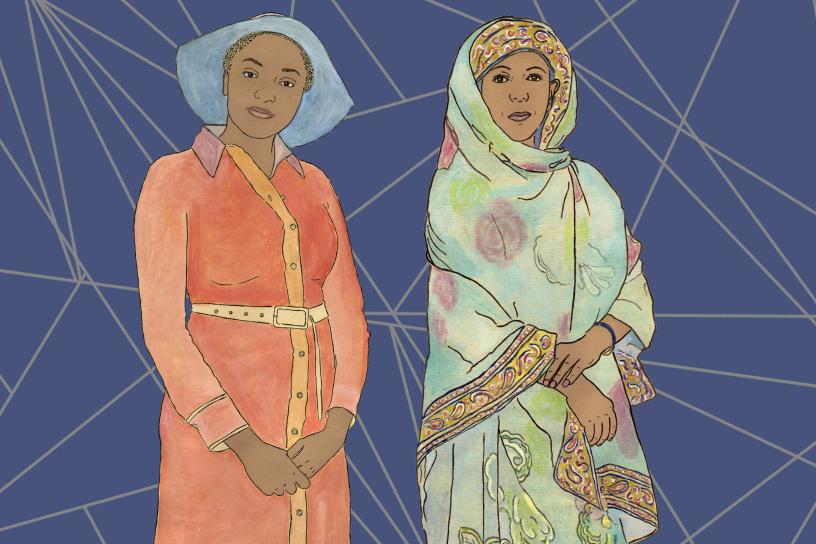 Two women are pictured in art as part of the "We Are All Immigrants" series.