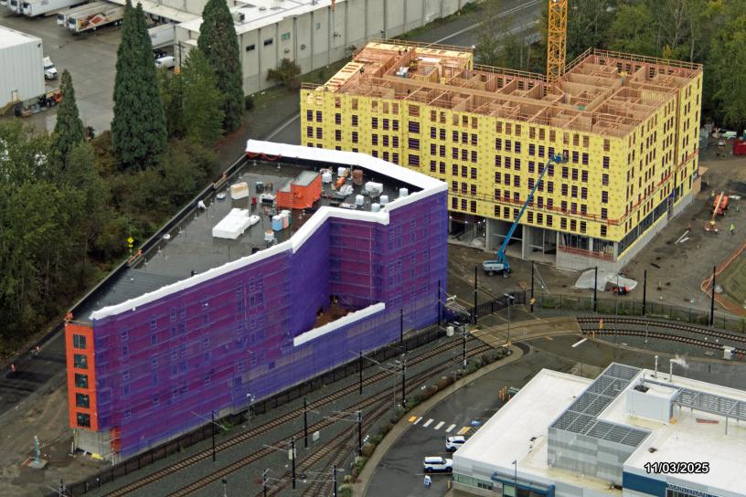 Buildings in the process of being constructed with scaffolding on one of them and an overhanging purple sheet on another.