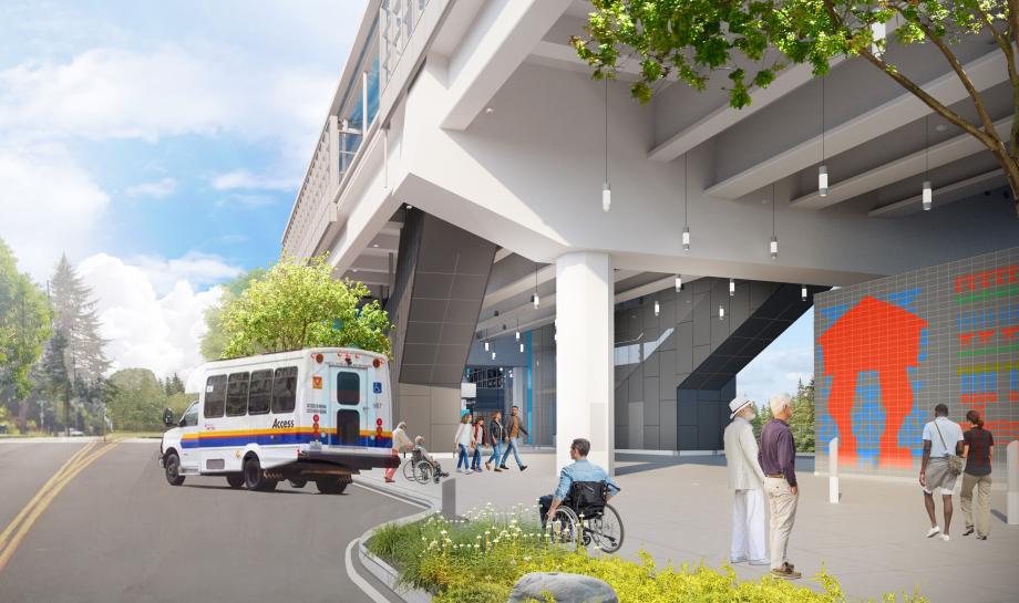 A dedicated drop-off for paratransit vehicles
                            provides accessibility to the central plaza.