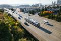 Sound Transit express bus heads east on I-90 from downtown Seattle.