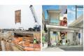 Composite image. Crewmembers remove wood falsework from the concrete elevator shaft at the entrance at the east side of Rainier Avenue South (left). A rendering of the completed entrance when trains roll in 2023 (right).