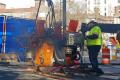 Welding the first segments of rail on Division Avenue.