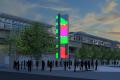 A rendering of a 40 foot tall piece of art that lights up at night near Wilburton Station