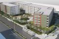 Convenient Link light rail and bus access are key to the project, as seen in aerial renderings from the southwest.