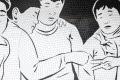 A black and white mosaic shows people playing "Rock, Paper, Scissors."