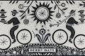 Black and white mosaic art shows two people on bicycles for "Derby Days."