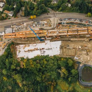 An aerial view of the future South Bellevue East Link Station under construction