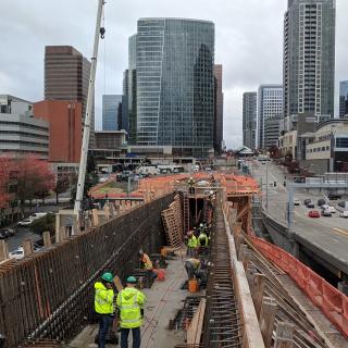 Another view of the work area on the new East Link light rail bridge over I-405.