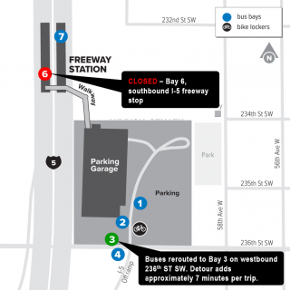 Map of nighttime closures around Mountlake Terrace Freeway Station.