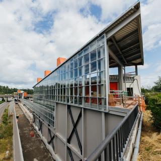 A view of the nearly complete Mercer Island Station's north headhouse.