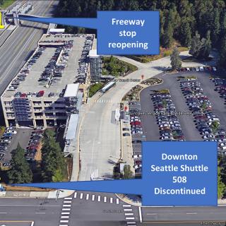 Area map showing Mountlake Terrace Station. Route 508 will no longer operate. Routes 511, 512, 513 will resume serving the Mountlake Terrace Freeway Station on November 29.