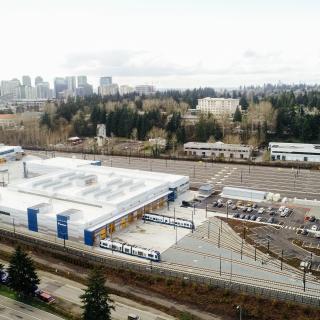 An aerial view of the new light rail base on the Eastside, with downtown Bellevue visible in the distance.