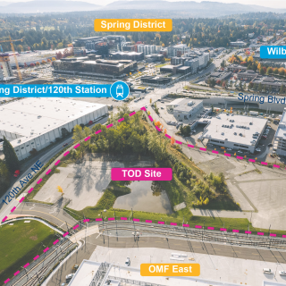 Aerial rendering of Operations and Maintenance Facility East TOD area
