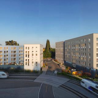 Rendering of BRIDGE Housing’s TOD project, located next to the OMF East facility. Rendering by GGLO.