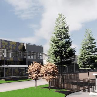 Image of a rendering of what the Bus OMF entrance will look like when built. It's a two-story building with a gated entrance surrounded by a lawn, trees, and pedestrian pathways.