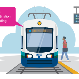 A graphic of a Link train. Text in a pink box on the left side of the graphic reads "Look for the correct destination before boarding."