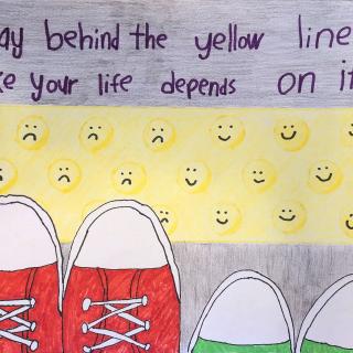 Safety Poster Contest art by Lila B that shoes shoes standing behind the yellow line.- 3rd Place
