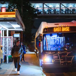 A night bus pulling up to the night bus stop at SeaTac/Airport station.