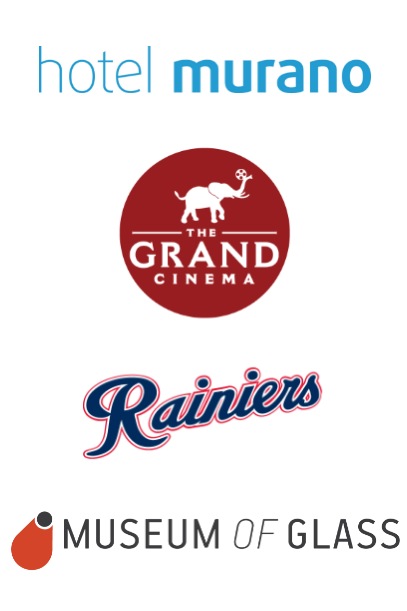 Logos for Hotel Murano, The Grand Cinema, Tacoma Rainiers and the Museum of Glass