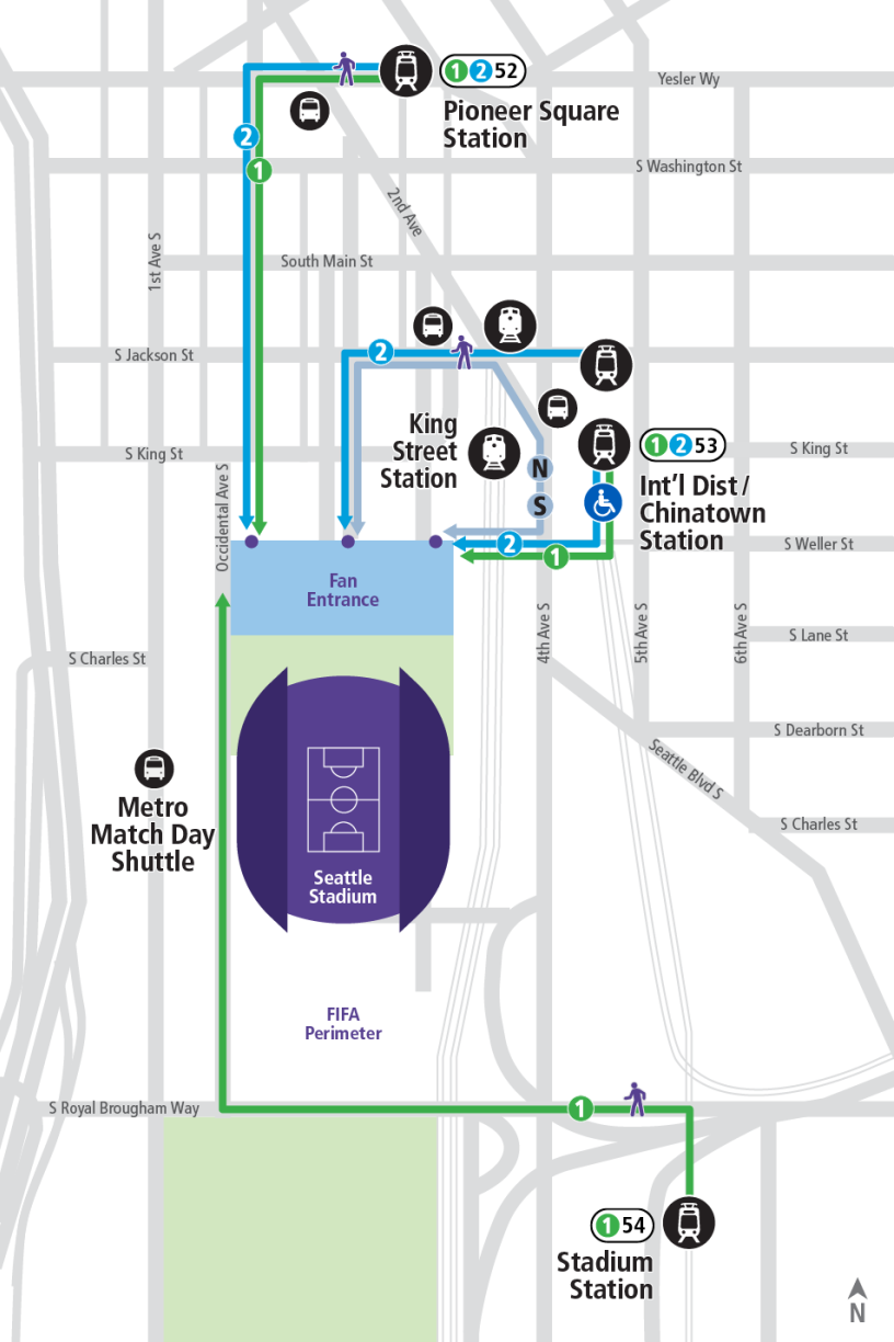 Map depicting preferred station routing. Pioneer Square from the north, International District/Chinatown from the East, and Stadium from the South. Accessibility access from International District/Chinatown.