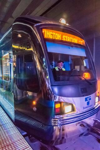 Link light rail train arrives at UW Station.