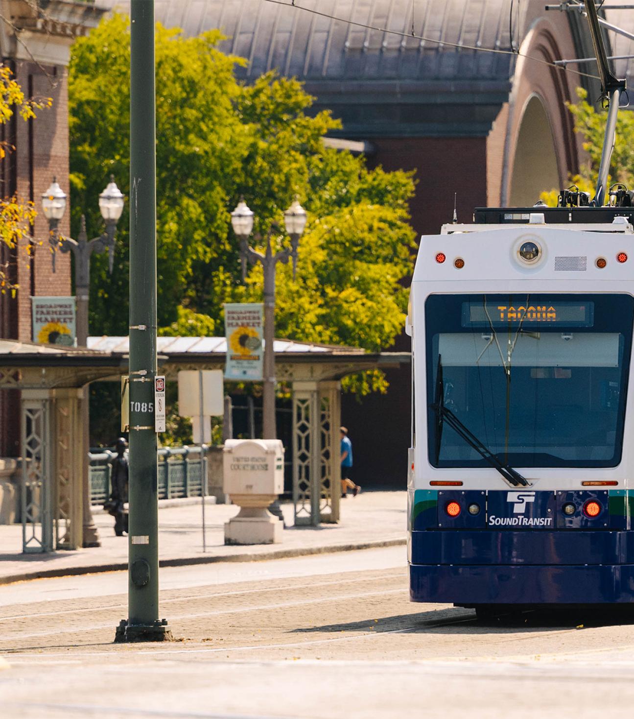 A T Line train traveling on a tree-lined street in Tacoma.