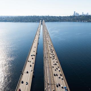 An aerial view of the bridge where light rail trains will cross Lake Washington.
