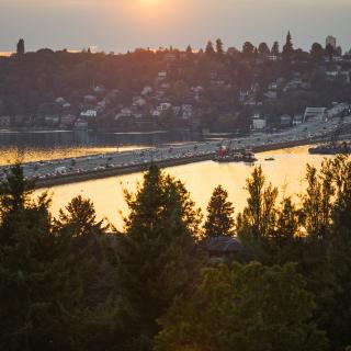 Looking toward Seattle at Lake Washington during golden hour