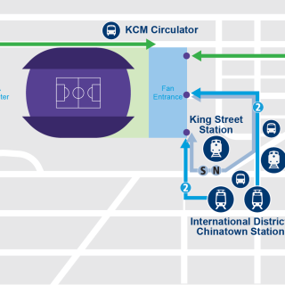 Map depicting preferred station routing. Pioneer Square from the north, IDS from the East, and Stadium from the South.