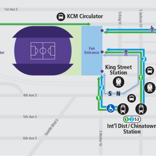 Map depicting preferred station routing. Pioneer Square from the north, IDS from the East, and Stadium from the South.