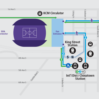 Map depicting preferred station routing. Pioneer Square from the north, IDS from the East, and Stadium from the South.