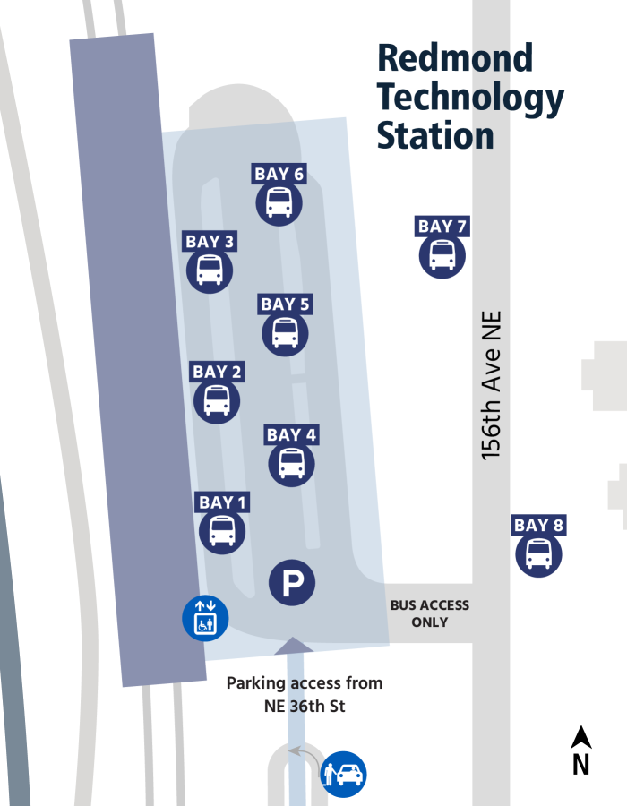 Parking garage access, passenger pick-up and dropoff is accessed from south via Northeast 36th Street. Elevator is located in station's southwest.
