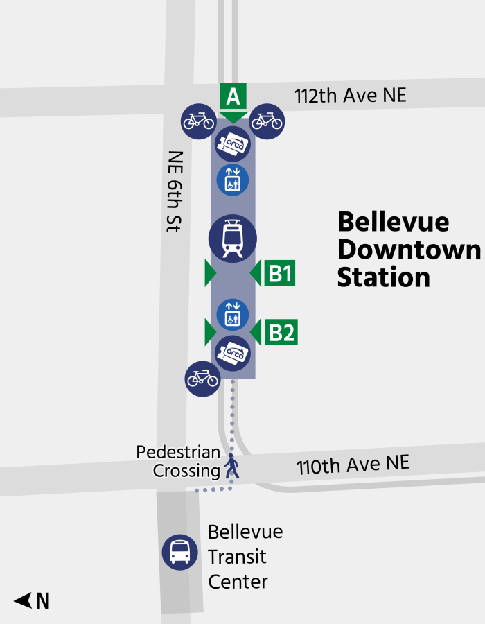 area map showing relative locations of train platform, ORCA Ticket Vending Machines, pedestrian crossing, and bike lockers at Bellevue Downtown Station