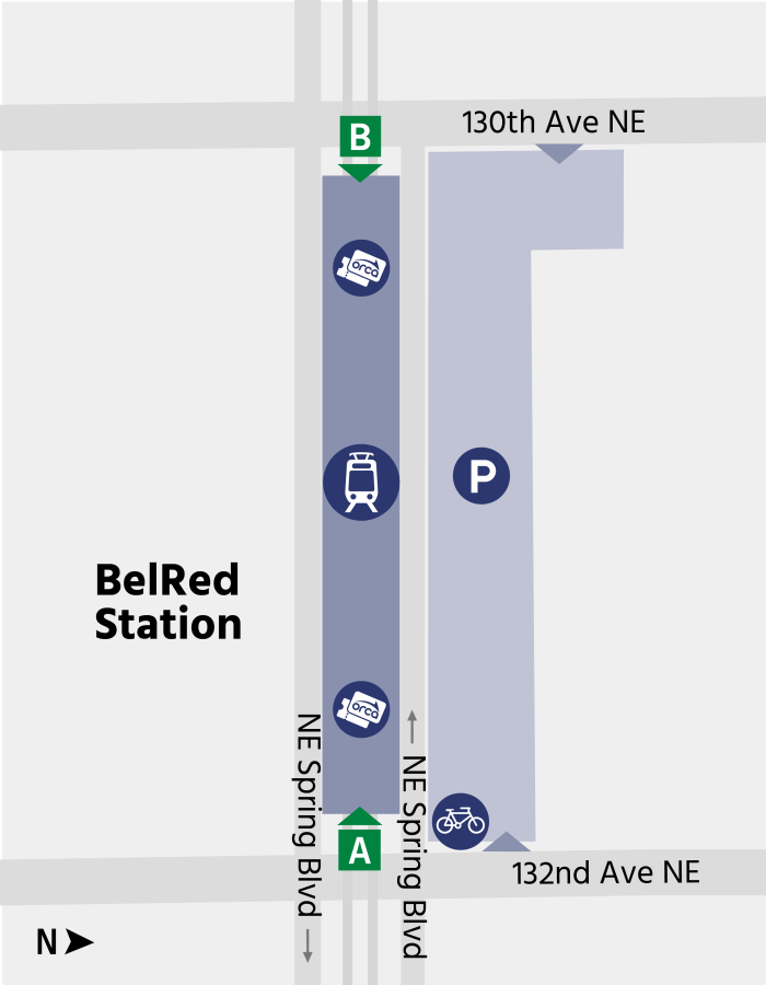 area map depicting icons showing relative locations of train platform, ORCA Ticket Vending Machines, bike lockers, and parking area at BelRed Station