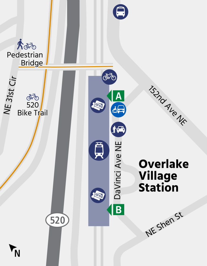 area map showing relative locations of train platform, ORCA Ticket Vending Machines, Passenger Pick-up/Drop-off, pedestrian bridge connection to 520 bike trail, and bike locker locations at Overlake Village Station