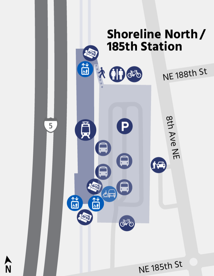 A map showing the amenities at Shoreline North/185th Station.