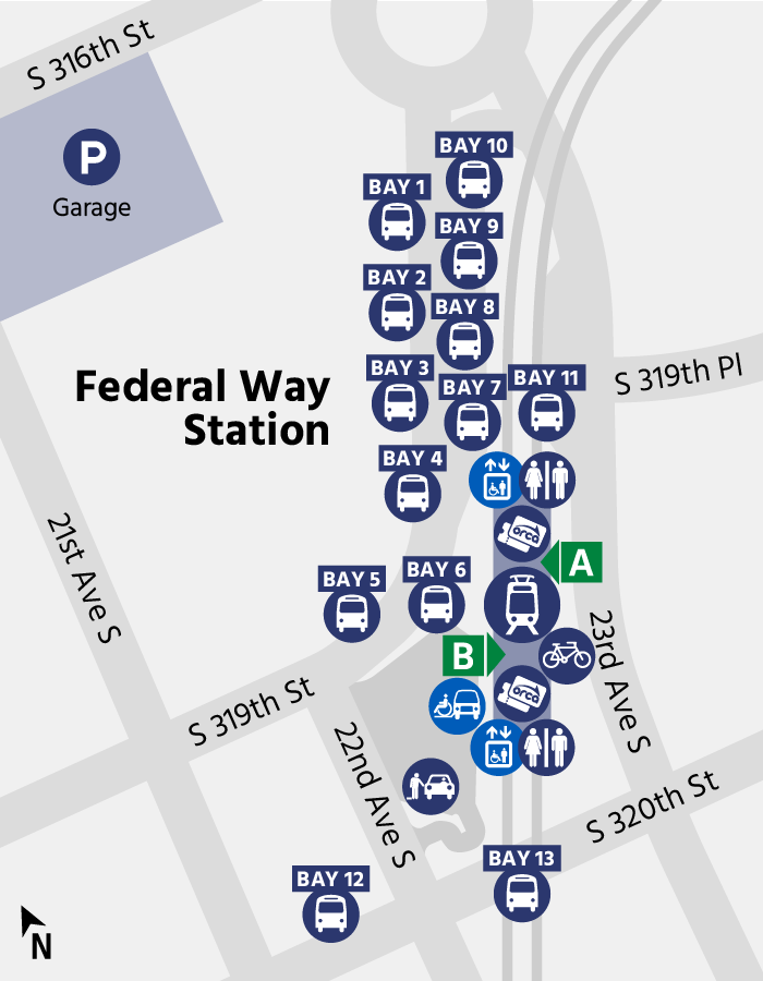 A map of Federal Way Downtown Station. Read the passenger pick-up/drop off and accessibility headings for more information.