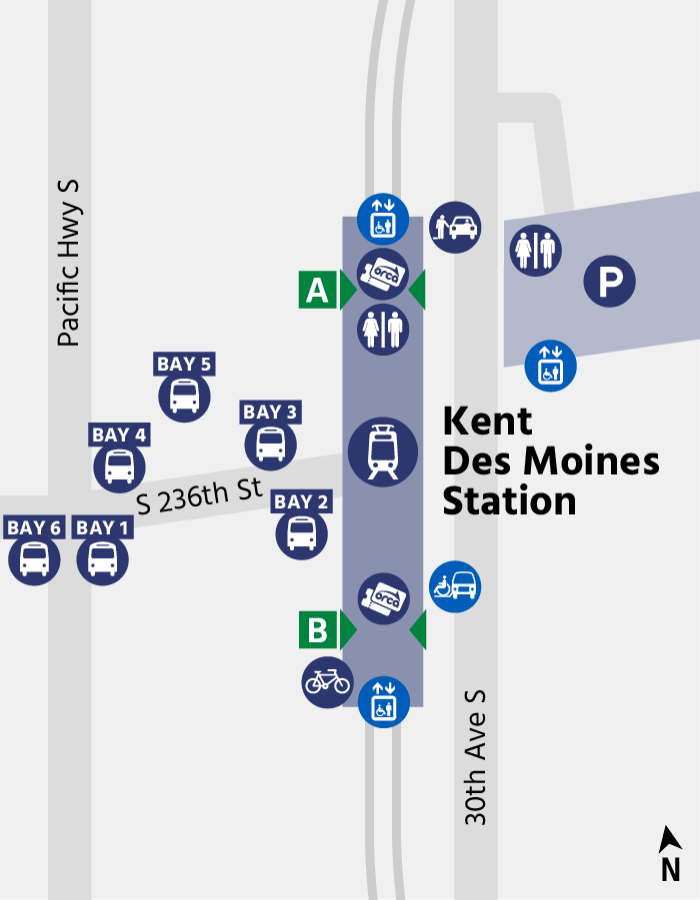 A map of Kent Des Moines Station. Read "Passenger pick-up / drop-off" and "Accessibility" headings for accessibility information.