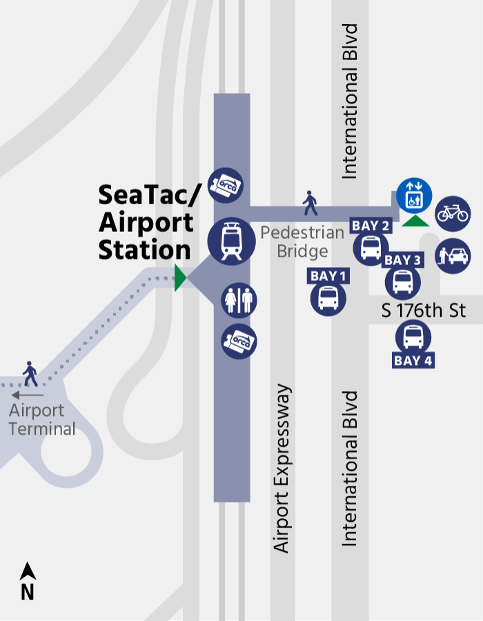 Map showing amenities of Seatac Airport Station. Read content under accessibility heading for more information.