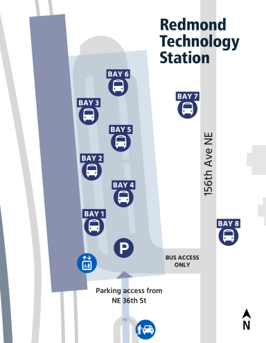 Parking garage access, passenger pick-up and dropoff is accessed from south via Northeast 36th Street. Elevator is located in station's southwest.