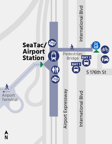 A map showing places of interest at SeaTac/Airport Station.