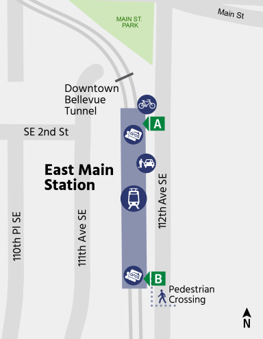 area map showing relative locations of train platform, ORCA Ticket Vending Machines, Passenger Pick-up/Drop-off, pedestrian crossing, and bike locker locations at East Main Station