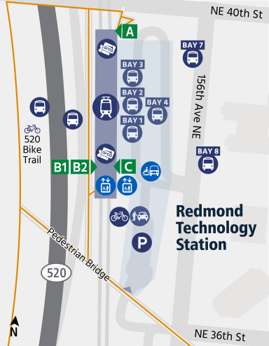 area map showing relative locations of train platform, ORCA Ticket Vending Machines, Passenger Pick-up/Drop-off, pedestrian crossing and 520 bike trail intersection, bike locker locations, and bus bays at Redmond Technology Station