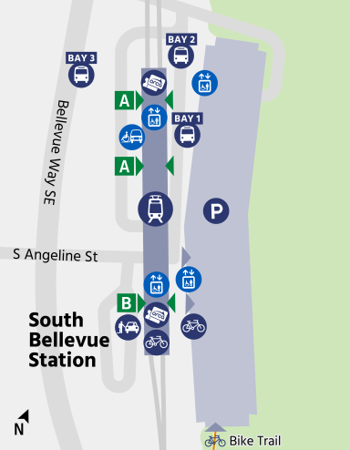 area map depicting icons showing relative locations of train platform, ORCA Ticket Vending Machines, bike lockers, bike trail, passenger pick-up/drop-off, bus bays and parking area at South Bellevue Station