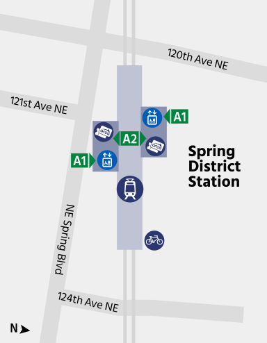 area map depicting icons showing relative locations of train platform, ORCA Ticket Vending Machines, and bike lockers at Spring District Station